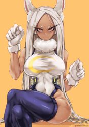 1girls abs big_breasts breasts bunny_ears dark-skinned_female dark_skin female female_only fully_clothed hero_outfit_(mha) kilalesi large_breasts leotard looking_at_viewer miruko my_hero_academia rabbit_humanoid rumi_usagiyama shounen_jump solo thick_thighs thighhighs white_hair