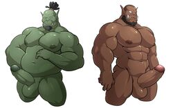 16:10 2017 abs absurd_res areola balls beard biceps dark-skinned_male dark_skin digital_media_(artwork) duo erection facial_hair genitals green_body green_skin hair hi_res humanoid humanoid_genitalia humanoid_penis humanoid_pointy_ears maldu male male_only mammal muscular muscular_male nipples nude orc orc_humanoid orc_male pecs penis ponytail red_body red_skin simple_background slightly_chubby smile tusks widescreen