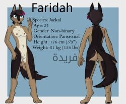 2025 absurd_res anthro arabic_text ass black_body black_fur black_hair blue_eyes breasts canid canine canis countershade_torso countershading crotch_tuft digital_drawing_(artwork) digital_media_(artwork) english_text faridah_(flawedspirit) female flawedspirit fur genitals gesture hair hand_gesture hi_res highlights_(coloring) jackal magenta_hair mammal model_sheet nipples nonbinary_(lore) nude pawpads pussy shaded simple_background small_breasts solo tail tan_body tan_fur text tuft v_sign