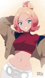 1girls blue_eyes breasts female grin medium_breasts orange_hair pokemon pokemon_legends:_z-a r3dfive solo taunie_(pokemon)