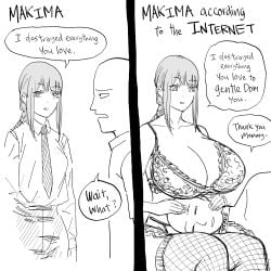 alternate_breast_size alternate_persona bald bald_man bb_(baalbuddy) bra breasts_on_head chainsaw_man cleavage english_text fishnet_legwear fishnet_stockings fishnets gentle_femdom gentle_mommy huge_breasts lace_bra lingerie low_braid makima_(chainsaw_man) mommy_kink single_braid slave_collar straight truth