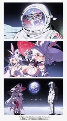 2girls big_breasts bunny_ears bunny_girl bunny_tail bunnysuit hat huge_breasts humanoid navel oc original_character rabbit_girl rabbit_tail red_eyes ribbon thighs white_hair