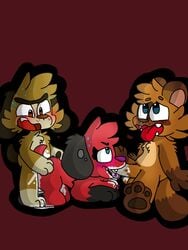 2boys ambiguous_penetration animal_crossing anthro_only blush cherry_(animal_crossing) cum_inside fellatio female mac_(animal_crossing) nintendo oral spitroast sweat tom_nook tongue_out