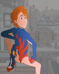 bailey_briggs blue_eyes bulge city cityscape marvel orange_hair rooftop spider-boy spider-man spider-man_(series) spider_boy theunhallowed unmasked