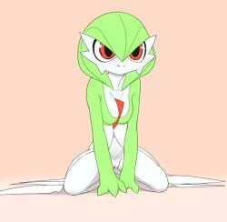 bad_id bad_tumblr_id bob_cut cleft_of_venus colored_skin dress female gardevoir green_hair green_skin masterploxy mrploxy mrploxykun multicolored_skin pink_eyes pokemon pokemon_(creature) pussy sitting smile two-tone_skin white_dress white_skin