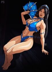 1girls absurd_res barefoot black_hair clothed clothing edit edited female female_only hand_fan kitana loincloth long_hair looking_at_viewer mortal_kombat mouth_mask pumpkinsinclair sitting solo