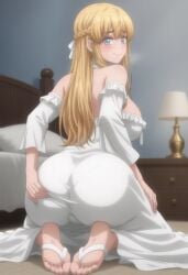 ai_generated ass ass_grab bangs bed bedroom big_ass blonde_hair blue_eyes blush breasts female female fuguushoku_kanteishi_ga_jitsu_wa_saikyou_datta heavily_blushing heavy_blush long_hair pussy spread_ass survebeak46 sweat thick_thighs thighs thighs_together vagina yuri_(fuguushoku_kanteishi_ga_jitsu_wa_saikyou_datta)