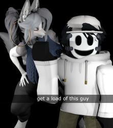 1boy 1girls 3d anthro behind_another big_breasts breasts caption casingmode crossover dogzeela dogzeela_(modeler) earrings ears female furry grey_fur grey_hair hellhound helluva_boss joke long_hair loona_(helluva_boss) male male/female milf pointing pointing_at_another ponytail red_sclera roblox roblox_avatar robloxian self_upload tagme tail tied_hair two_tone_body two_tone_fur white_body white_eyes white_fur wolf wolf_girl