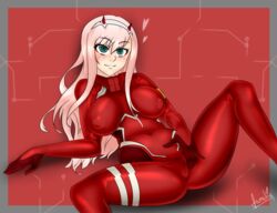 bodysuit darling_in_the_franxx fanatiq female pink_hair png red_bodysuit signature smile spread_legs zero_two_(darling_in_the_franxx)