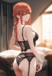 1girls ai_generated ass chainsaw_man corset cowboy_shot dclp from_behind garter_belt garter_straps indoors lingerie makima_(chainsaw_man) smile standing thighhighs