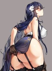 1girls amber_eyes azuma_(azur_lane) azur_lane big_breasts black_legwear black_panties blue_hair blush china_dress chinese_clothes hair_ornament huge_ass long_hair looking_back nipple_bulge pelvic_curtain pelvic_curtain_lift stockings