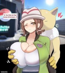 english_text female_protagonist_(pokemon_legends:_z-a) grabbing_from_behind hohoroko huge_breasts hypno pokemon pokemon_(species) pokemon_legends:_z-a rubbing sleeper_(pokemon) sweat tagme