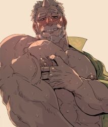 bara beard big_pecs blush facial_hair hogen_(tokyo_afterschool_summoners) horn male male_only muscles muscular rybiok solo solo_male sweat sweating tokyo_afterschool_summoners