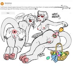 2020 anal_beads anthro anus ass basket bodily_fluids breath butt_grab cigarette dialogue disembodied_hand domestic_ferret easter easter_basket easter_egg english_text female genitals hand_on_butt hi_res holidays mammal mustela mustelid musteline pawpads poppy_(sneel) pussy red_sclera sex_toy simple_background smoking sneel spread_anus spread_butt spreading sweat text white_background