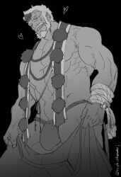 balls bara beard big_bulge bulge facial_hair flaccid hogen_(tokyo_afterschool_summoners) horn krpk_okawari male male_only monochrome muscles muscular penis solo solo_male tokyo_afterschool_summoners