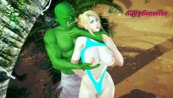 3d 3d_(artwork) areolae bikini blonde_hair blue_eyes breast_grab breasts choke_hold choking dead_or_alive dead_or_alive_5 forced green_skin interspecies milkybanoffee nipples orc orc_male partially_clothed ponytail sarah_bryant virtua_fighter