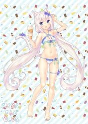 1girls animal_ears bikini blonde_hair blue_eyes blunt_bangs blush cat_ears female female_only full_body hair_flower hair_ornament ice_cream kemonomimi long_hair looking_at_viewer low_twintails nail_polish nekomimi nekopara sayori simple_background small_breasts smile solo standing swimsuit thigh_strap twintails vanilla_(sayori)