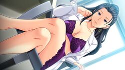 1girls black_hair blush earrings honda_naoki huge_breasts human large_breasts long_hair looking_at_viewer mature mature_female milf nurse purple_eyes shiny_skin thick_thighs