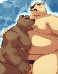 2025 absurd_res anthro arufina_w balls bear belly big_belly bodily_fluids brown_body duo facial_hair genital_fluids genitals hi_res kemono licking male male/male mammal moobs moustache nipple_fetish nipple_lick nipple_play nipples overweight overweight_male penis precum pubes simple_background tongue