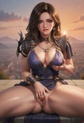 ai_generated anus biting_lip blue_eyes brown_hair cleavage dress female gwendolyn_(tides_of_annihilation) large_breasts masturbation no_panties outdoors pleasure_face pleasured pussy pussy_juice shoulder_armor spread_legs sunrise thick_thighs thighs tides_of_annihilation