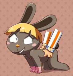 1girls all_fours animal_crossing bangs blonde_hair blunt_bangs blush bonbon_(animal_crossing) breasts bunny_ears bunny_girl bunny_tail eyebrows_visible_through_hair eyelashes female female_focus flat_chest fur furry furry_ears furry_tail grey_body grey_fur hands_on_hips human human_on_anthro imminent_sex lagomorph lagomorph_humanoid looking_back nintendo nipples nude nude_female simple_background small_breasts smile solo_focus soubriquetrouge star yellow_nose