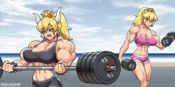 2girls abs bowsette mario_(series) muscular_female princess_peach sefuart super_mario_bros. weightlifting