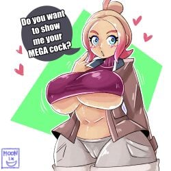 belly belly_button big_breasts blue_eyes breasts gray_shorts huge_breasts human moonix_xero pink_hair pokemon pokemon_legends:_z-a short_hair shorts taunie_(pokemon) two_tone_hair underboob