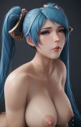 1girls ai_generated bent_over blue_eyes blue_hair breasts cleavage female female_only hair_ornament juilessyn league_of_legends milk_leaking naked naked_female nipples nude nude_female solo sona_buvelle twintails upper_body