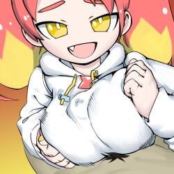 big_breasts boobjob clothed clothed_breasts clothed_female clothed_female_nude_male fangs hikasa_tomoshika precum precum_through_clothing red_hair sedua_weynn smug smug_expression smug_eyes smug_face virtual_youtuber voms_project vtuber vtuberfanart yellow_eyes