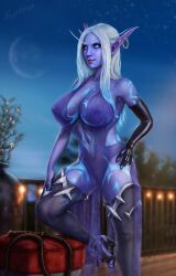 1girls aruin barbell_piercing big_breasts blizzard_entertainment female ingibitum nightborne nipple_piercing original_character purple_skin see-through see-through_clothing tattoo thick_thighs thighhighs voluptuous voluptuous_female warcraft white_hair wide_hips world_of_warcraft