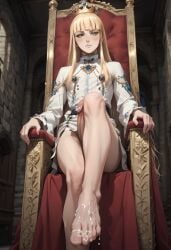 1boy ai_assisted ai_generated bare_legs barefoot blonde_hair blue_eyes blunt_bangs blush canute commentary_request creampie crown cum_on_feet cum_on_penis feet femboy foot_fetish foot_focus foot_worship half_naked half_naked_male huge_cock long_blonde_hair long_hair male male_only one_leg_up penis prothyjavs sitting_on_throne staring_at_viewer tagme throne_room toenails twink vinland_saga white_clothing white_jacket white_skin