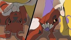 anthro anus ass ball_suck balls bandai_namco clothing crystallos digimon digimon_(species) digital_media_(artwork) duo erection fur genitals guilmon hi_res lying male male/male male_penetrated male_penetrating male_penetrating_male markings nude open_mouth oral penetration penis renamon reptile sallos scalie sex simple_background sucking yellow_body yellow_fur