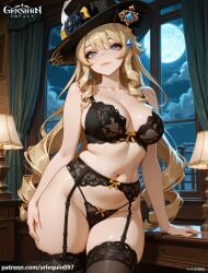 1girl ai_generated arlequin097 bare_shoulders black_bra black_garter_belt black_headwear black_panties black_thighhighs blonde_hair blue_eyes bow_panties bra breasts cleavage closed_mouth cloud collarbone cowboy_shot curtains drill_hair drill_sidelocks earrings flower full_moon garter_belt genshin_impact hat hat_flower indoors jewelry lace-trimmed_bra lace_trim lamp large_breasts lingerie long_hair looking_at_viewer mihoyo moon navel navia_(genshin_impact) night night_sky panties sidelocks skindentation sky smile solo stomach string_panties thick_thighs thighhighs thighs underwear underwear_only very_long_hair window