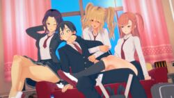 bellsrow blonde_hair gyaru harem koikatsu pink_hair purple_hair school_uniform schoolgirl sofa tan