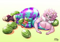 1girls absurd_res artist_name bendacriss big_breasts black_sclera bodysuit breaking_watermelon_with_thighs breasts clothed clothed_female curvy female female_only fruit fully_clothed hero_outfit_(mha) high_resolution horns huge_breasts huge_thighs large_breasts lips looking_at_viewer mina_ashido my_hero_academia pink_hair pink_skin shounen_jump smile solo solo_female thick_thighs tight_clothing voluptuous watermelon watermelon_crushing wide_hips yellow_eyes