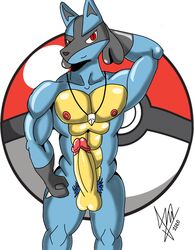 1boy 2020 abs anthro anthrofied armpits bara canine dated eye_contact furry half-closed_eyes hi_res humanoid humanoid_genitalia humanoid_penis looking_at_viewer lucario male male_only nintendo original_character penis pokemon pokemon_(species) pokemon_dppt pubic_hair solo source_request testicles text thigh_gap tungsten video_games watermark