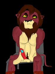 absurd_res anthro black_background bondage bound chair chair_bondage disney egg_vibrator felid furniture hi_res infernus kovu lion male male_only mammal mane pantherine penile resisting_orgasm sex_toy simple_background solo the_lion_king the_lion_king_ii:_simba's_pride vibrator vibrator_on_penis