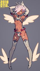 1boy androgynous bulge dark-skinned_femboy dark-skinned_male dark_skin elbow_gloves femboy fujimoto_hideaki girly hair_over_one_eye male male_only navel simple_background solo standing thighhighs trap wings