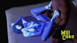 1boy 1girls 3d animated artificial_intelligence barefoot blue_hair blue_skin breasts completely_nude cortana dark-skinned_male erection feet female halo_(series) m1llcake male masturbation nipples no_sound nude on_back open_mouth penis sex short_hair toes translucent_body vaginal_penetration video