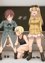 3girls blonde_hair blue_eyes blush brown_hair clothed clothing erica_hartmann gertrud_barkhorn hair_ribbon hanna-justina_marseille multiple_girls no_panties omuretsu_daihyakka pubic_hair pussy pussy_juice pussy_weights skirt strike_witches twintails world_witches_series yuri