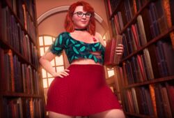 1boy 3d blush bookshelf choker crossdressing cute detailed_background emerald_eyes femboy freckles girly glasses hi_res high_resolution highres library looking_at_viewer male male_only maxine_o'connell orange_hair original original_character rasmus-the-owl realistic red_skirt redhead sissy solo tattoo tattoo_on_chest thick_thighs trap wide_hips