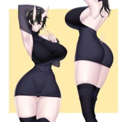 armpits ass black_hair blush cero_rains choker ear_piercing earrings goth green_eyes huge_breasts large_breasts mole mole_on_breast nail_polish oni oni_horns original original_character short_hair sideboob sleeveless sleeves thick_ass thick_legs thick_thighs thighhighs thighs tomboy