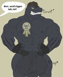 1boy abs absurd_res anthro anthrofied award bara big_balls clothing dark_skin dialogue gloves handwear hi_res huge_balls machoke male male_only muscular muscular_male nintendo original_character pokémon_(species) pokemon pokemon_(species) pokemon_rgby ribbons sagging_balls smug solo solo_focus testicles video_games wannaplay