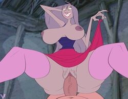 big_breasts big_penis bimbo breasts cowgirl_position disney disney_villains female female_on_top green_eyes hand_on_head holding_skirt lifting_skirt madam_mim male_penetrating nipples penis pink_skirt pink_stockings purple_hair pussy slb smile smiling straight the_sword_in_the_stone vaginal vaginal_insertion vaginal_penetration vaginal_sex veiny_penis witch