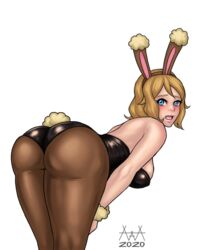 1girls 2020 aaaninja alternate_outfit ass blonde_hair blue_eyes bunny_ears bunnysuit easter female female_only human looking_back nintendo open_mouth pokemon pokemon_xy serena_(pokemon) solo thick_thighs wide_hips