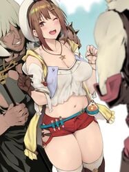 1girls 2boys ;d age_difference atelier_(series) atelier_ryza bangs belly belt beret big_breasts blush breasts brown_eyes brown_gloves brown_hair brown_legwear cleavage crop_top curvy dark-skinned_male dark_skin eyebrows_visible_through_hair female female_focus flask gloves hair_ornament hairclip hand_on_another's_shoulder hat highres horny imminent_sex jewelry kurowa large_breasts looking_at_viewer male midriff multiple_boys navel necklace one_eye_closed open_mouth red_shorts reisalin_stout revealing_clothes round-bottom_flask short_shorts shorts single_glove smile solo_focus star_(symbol) star_necklace straight sweat sweatdrop thick_thighs thighhighs thighs vial you_gonna_get_raped