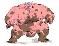 anthro balls big_balls big_balls_small_penis big_testicles domestic_pig genitals male male_only mammal megawaffle_(artist) muddy musclegut nude overweight_male penis round_belly small_penis solo suid suina sus_(pig)