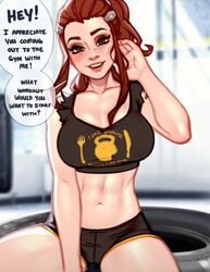 1girls 2020 2d abs blushypixy blushyspicy booty_shorts breasts brigitte brown_eyes brown_hair cleavage cute dialogue female freckles large_breasts looking_at_viewer navel overwatch short_hair softcore solo speech_bubble sports_bra sportswear talking_to_viewer text white_skin