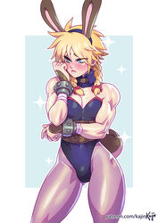 1boy ambush_(trap) androgynous blonde_hair blue_eyes blush bulge bunny_boy bunny_ears bunnysuit canon_crossdressing cloud_strife crossdressing femboy final_fantasy final_fantasy_vii girly kajinman male male_only solo thunder_head trap