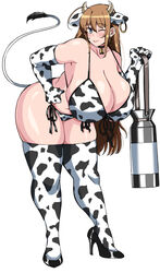 1girls ahoge animal_ears animal_print bell bikini blue_eyes breasts brown_hair cleavage container cow_ears cow_horns cow_print cowbell curvy elbow_gloves female front-tie_bikini front-tie_top full_body gigantic_breasts gloves hand_on_hip high_heels highres horns huge_breasts long_hair one_eye_closed ooba_minori original plump side-tie_bikini simple_background smile solo swimsuit thick_thighs thighhighs thighs white_background